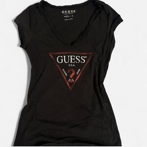 GUESS Black and Red Logo V-Neck Tee